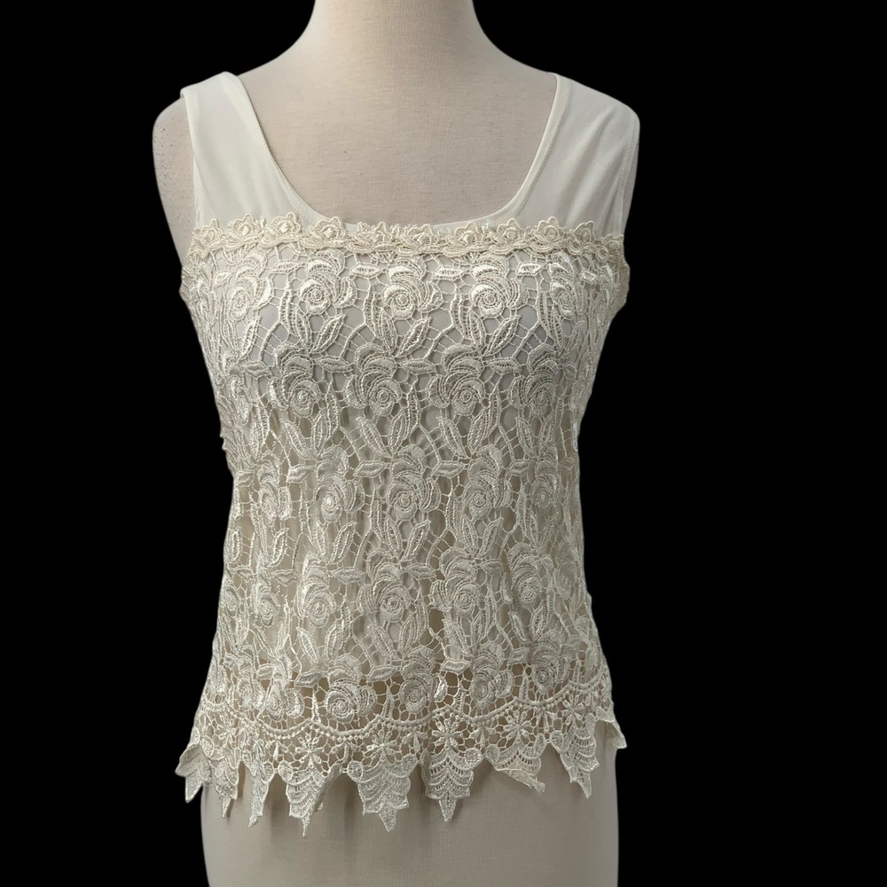Ivory Lace Tank Top Women's Sleeveless Cream Floral Crochet Overlay Size S